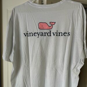 Vineyard Vines white tee shirt with pink whale decal on front and back